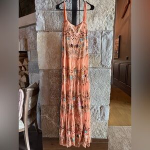 Free People Peach Embroidered Maxi Dress with Spaghetti Straps